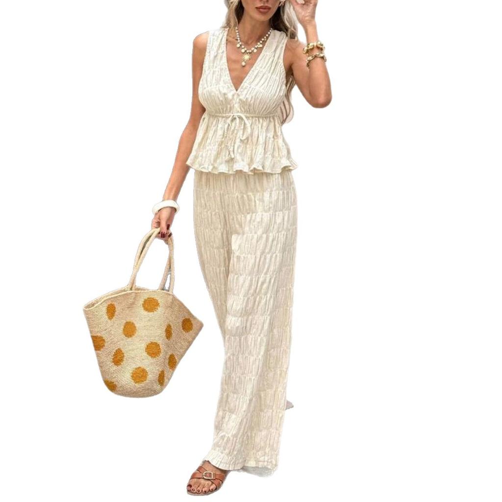 1116 European and American women's clothing summer two-piece suit fashionable V-neck top pleated wide-leg trousers