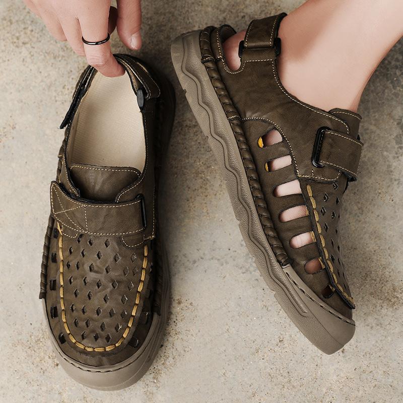 Fashion Men's Sandals Leather Male Hollow Out Walking Shoes Men Outdoor Driving Shoes Fashion Sneakers Non-Slip Casual Breathable Shoes