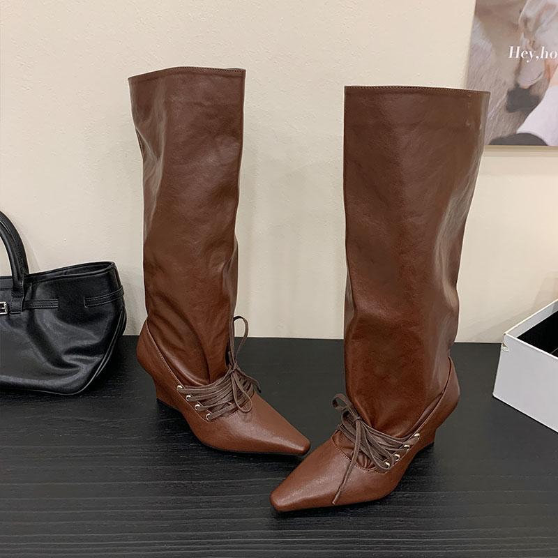 Fashion Shoes With Wedges Women Knee High Boots Female Slip On Shoes Fashion Pointed Toe Party Ladies Long Modern Boots Pumps