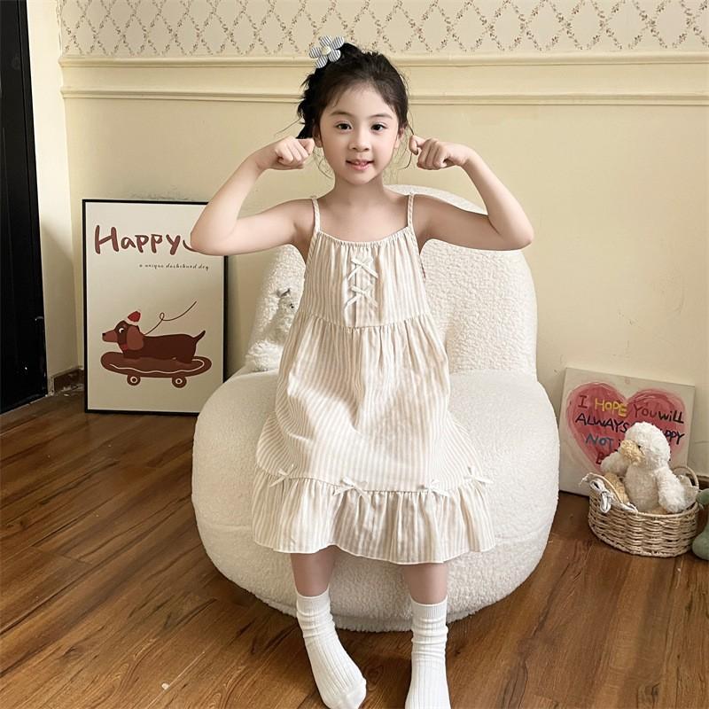 Girls Cotton Gauze Nightdress Sleeveless Sleepwear Cartoon Print Lightweight Home Dress Kids