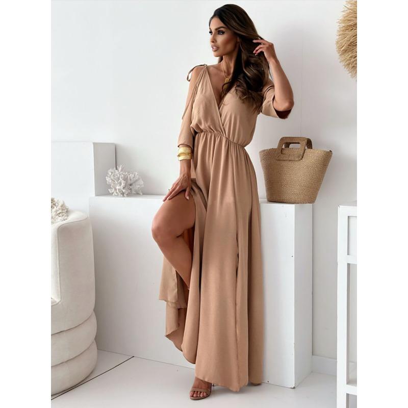 

YYFS Женская мода Лето Весна Однотонный Принт Рукава 1/2 V-образный вырез Средняя Талия Повседневные Платья L хаки