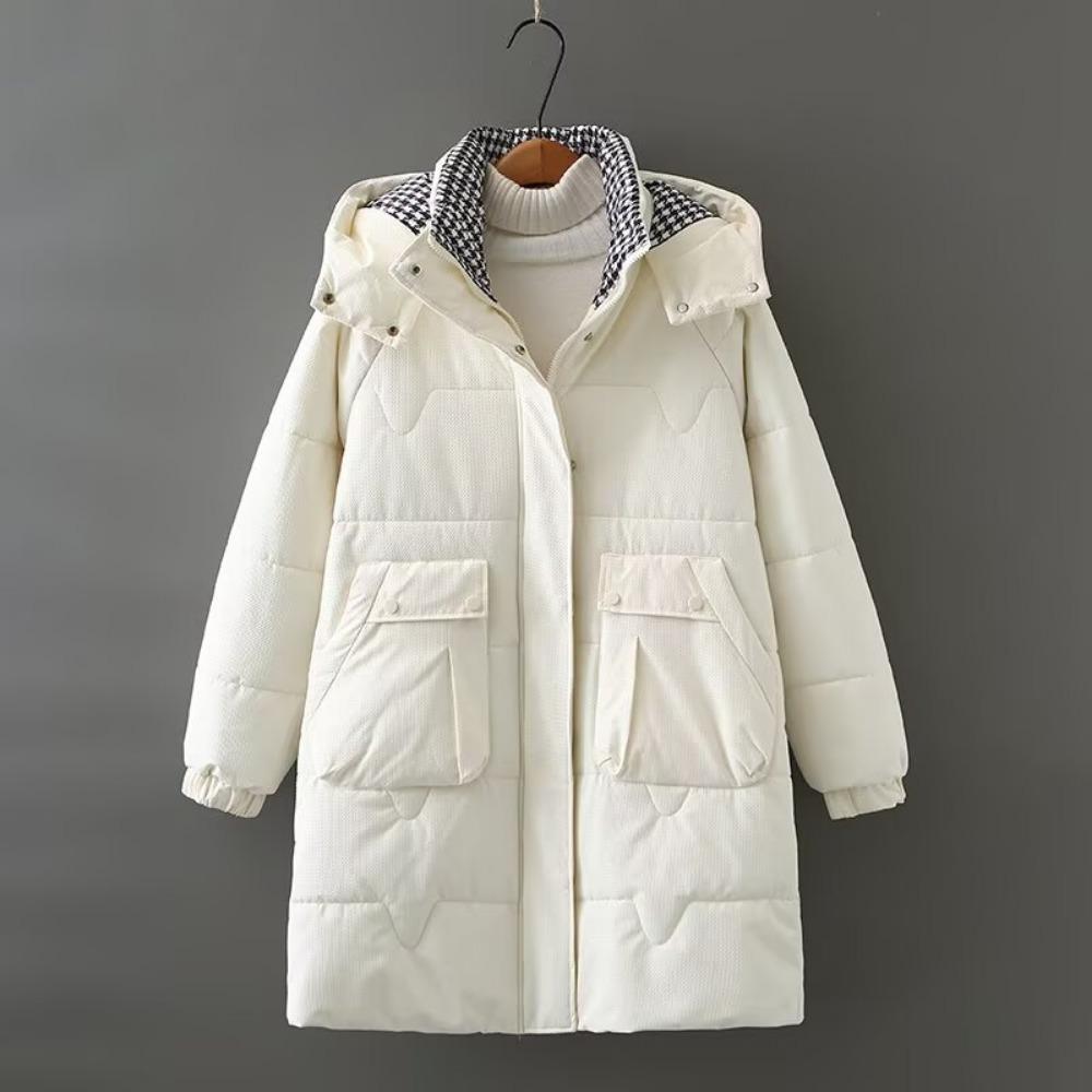 Winter Pocket Padded Jacket Plaid Hooded Women's Fashion Casual Mid-length Padded Jacket