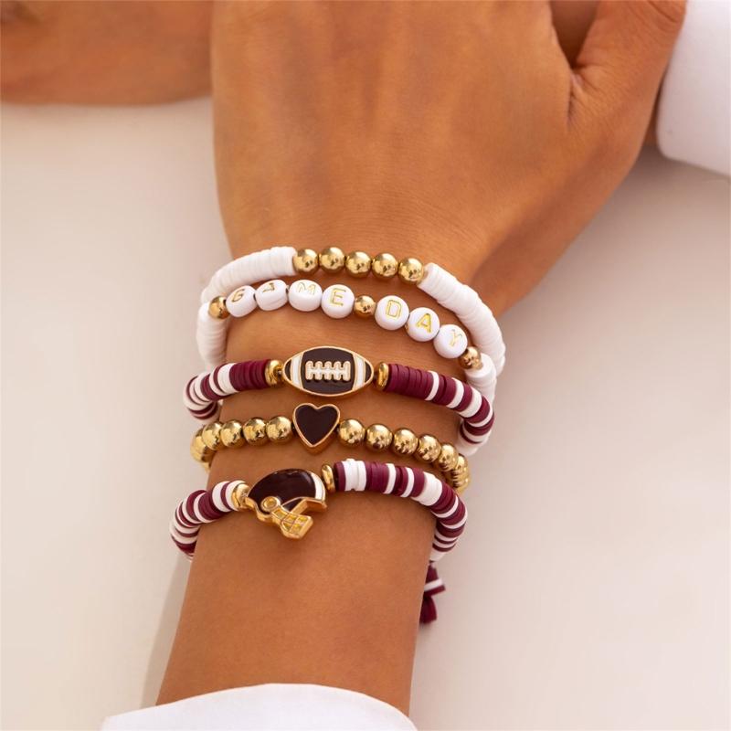 Versatile Unisex Football Charm Letter Beaded Bracelet Elastic Band Handchain for Everyday Wear Street Hand Jewelry