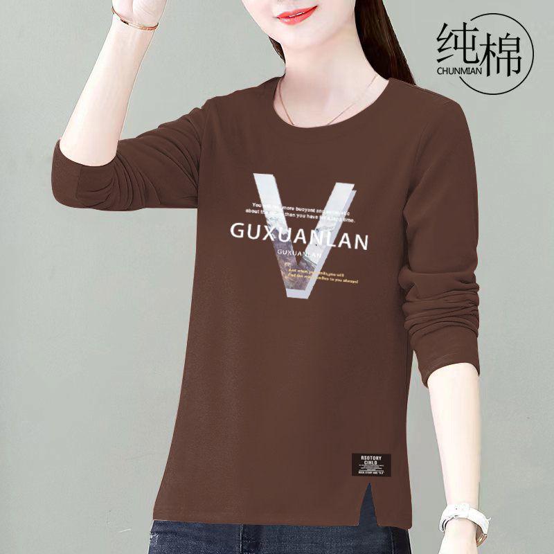 

Женская футболка большого размера с принтом из хлопка с длинным рукавом - 2024 корейский стиль, трендовый свободный крой для весны/осени Medium