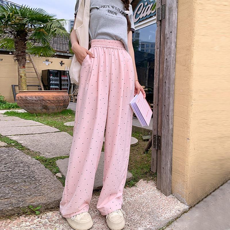 Ice silk polka dot soft waxy straight casual pants women's spring and summer new high waist loose and thin pear-shaped body wide-leg pants