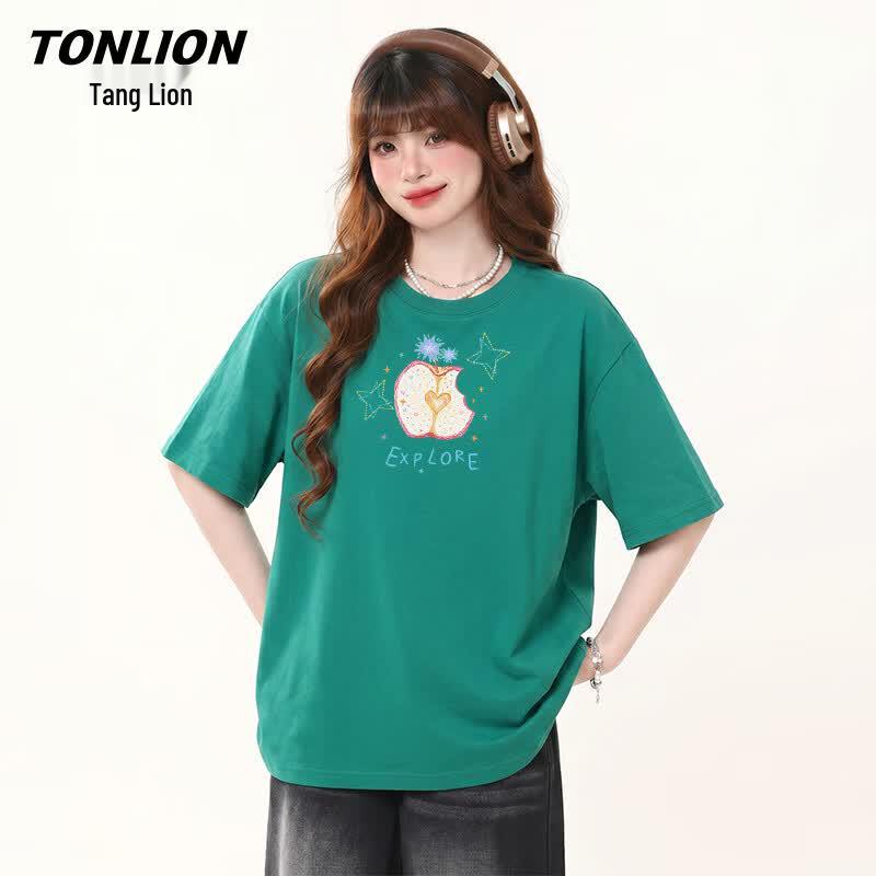 TonLion Women s Summer Apple Cartoon Print Loose Cotton T-Shirt S
