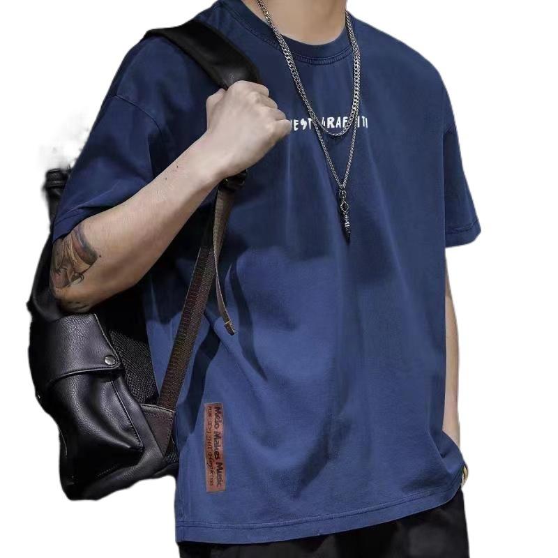 American Trendy Japanese and Korean Trendy Brand Half Sleeve Retro Nostalgic Short Sleeve T-shirt for Men Summer Loose Business Round Neck