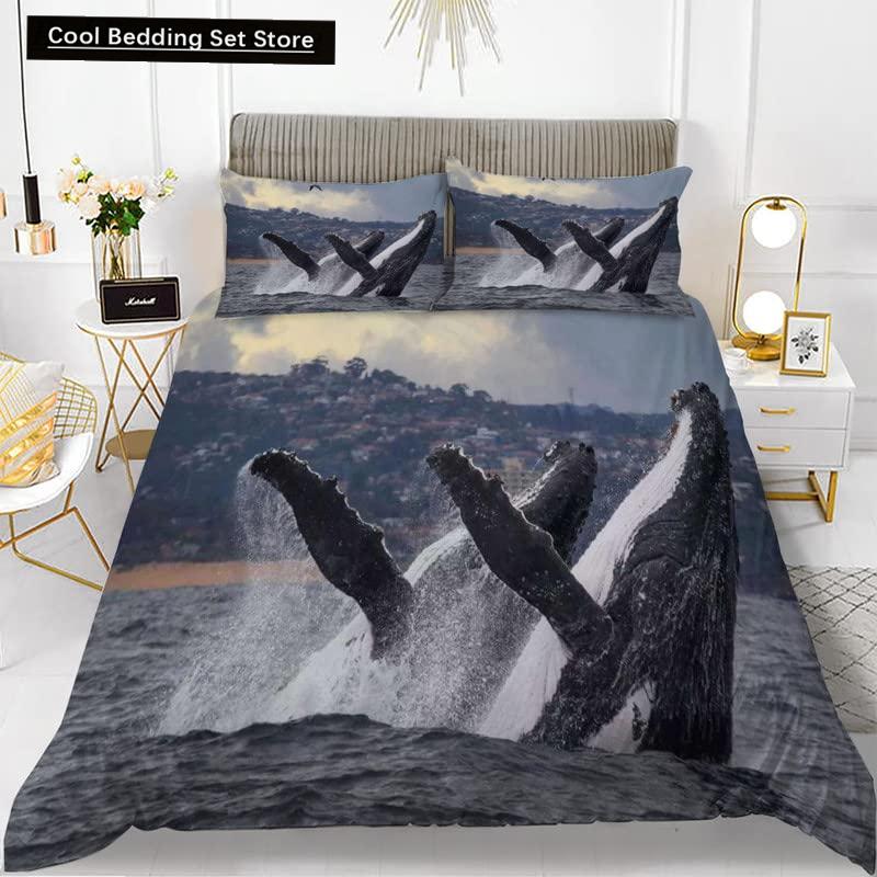 Whales King Queen Duvet Cover Ocean Animal Bedding Set Seaweed Starfish Marine Life Quilt Cover Blue Polyester Comforter Cover