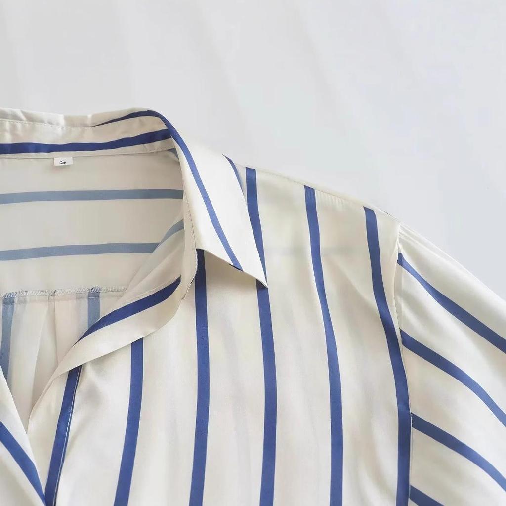 2024 Summer Women's Retro Striped Loose Mid-Length Shirt - European & American Style