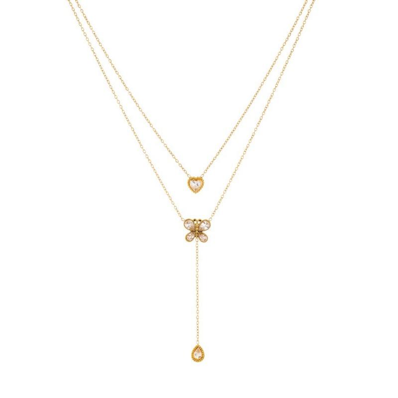 Gold Plated Double Layer Necklace with Heart Clover CZ Pendants, Dainty Adjustable Cable Chain for Women, Elegant Daily Jewelry