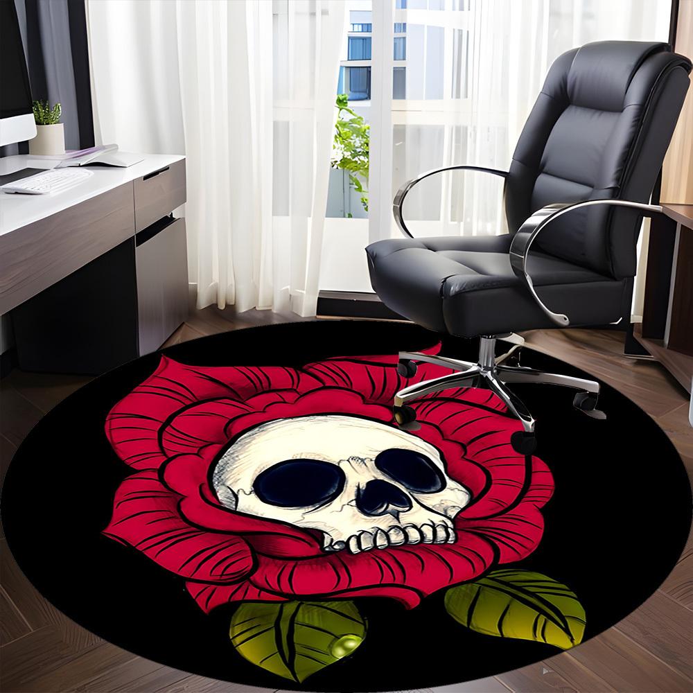 1pc Skull Rose Office Round Area Rug,  Mat Suitable For Office, Under Office Chairs Bedroom Living Room Home Decor, Room Deco