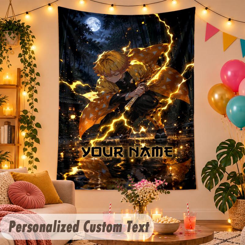 Zenitsu Agatsuma Personalized Wall Tapestry Custom Name Text Polyester Hanging Decor Home Room