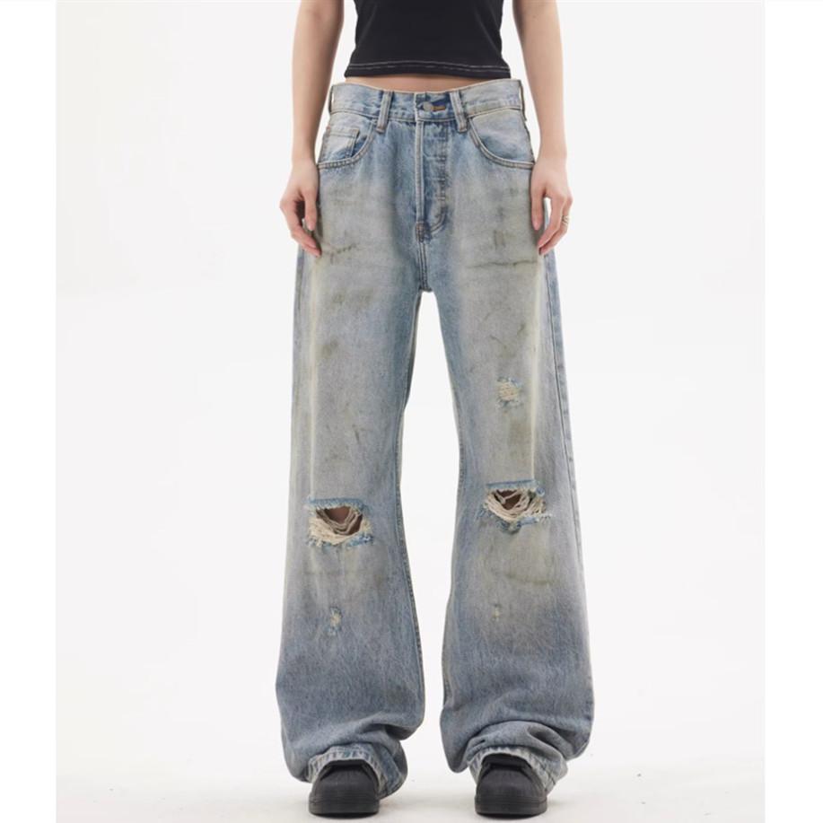 Street retro washed ripped jeans American new ins new loose straight casual pants