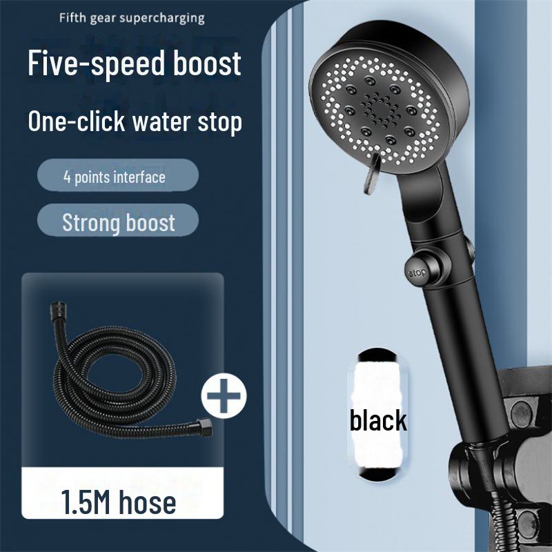 

Ручная душевая головка Black Warrior с 5 скоростями и функцией распыления под давлением 1.5m tube чёрный