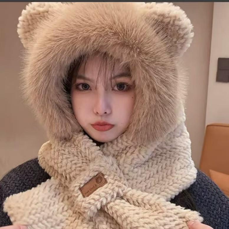Bear Hat Scarf Set For Winter Adults Warm Knit Windproof Earmuff Gloves Gift Idea