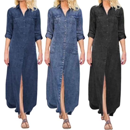 Sukienka dżinsowa z klapami i dekoltem w serek, z długimi rękawami, wieloma kieszeniami, zapinana na guziki, damska, modna