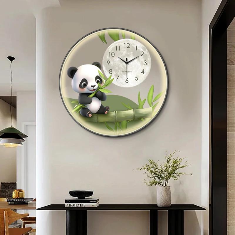 Circular transparent panda wall clock living room dining room decorative painting Creative LED wall light hanging wall clock