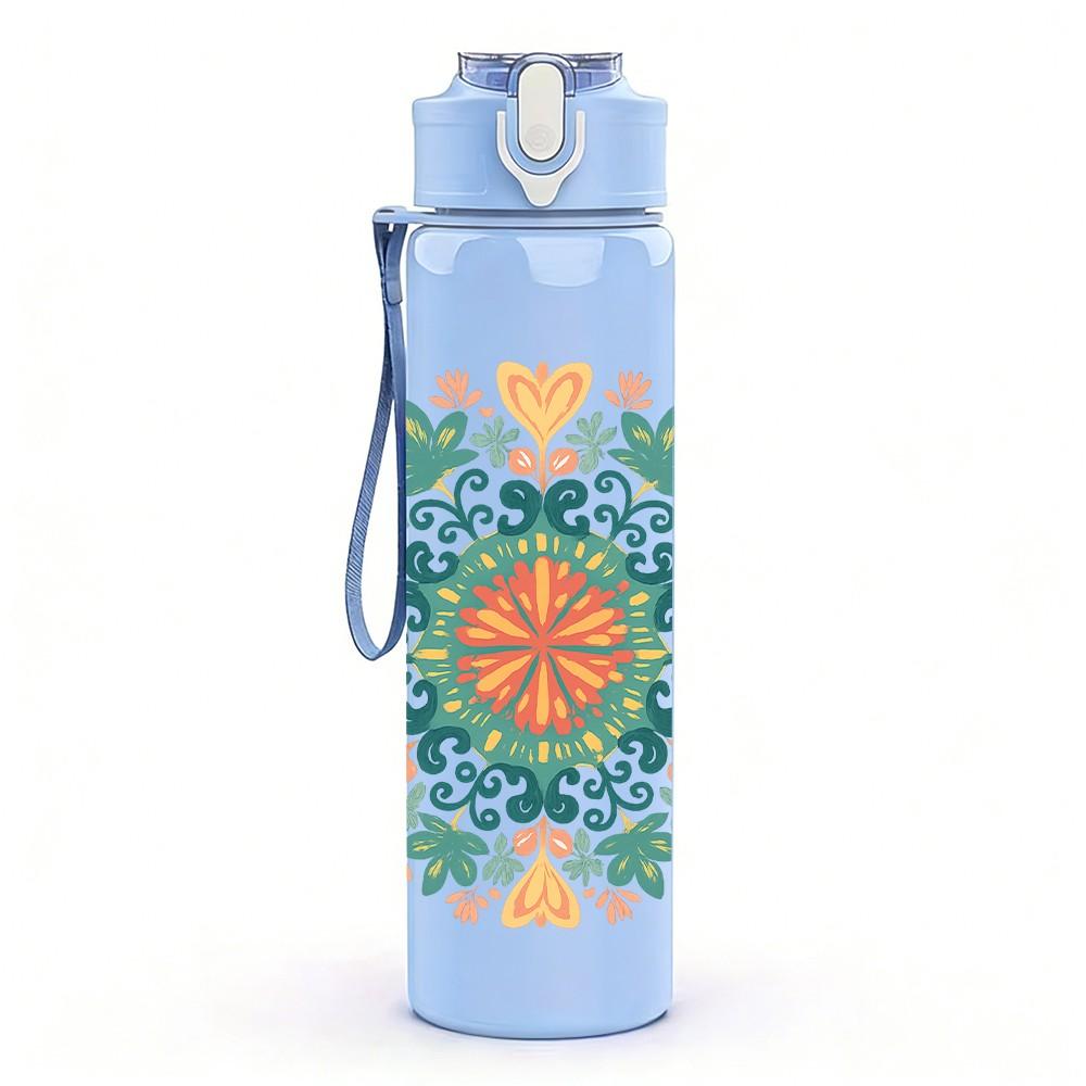 1PC Soft Tone Mandala Pattern 750ml Color Plastic Sports Water Bottle Leakproof Flip Straw Lid Suitable for Sports Office Home Use
