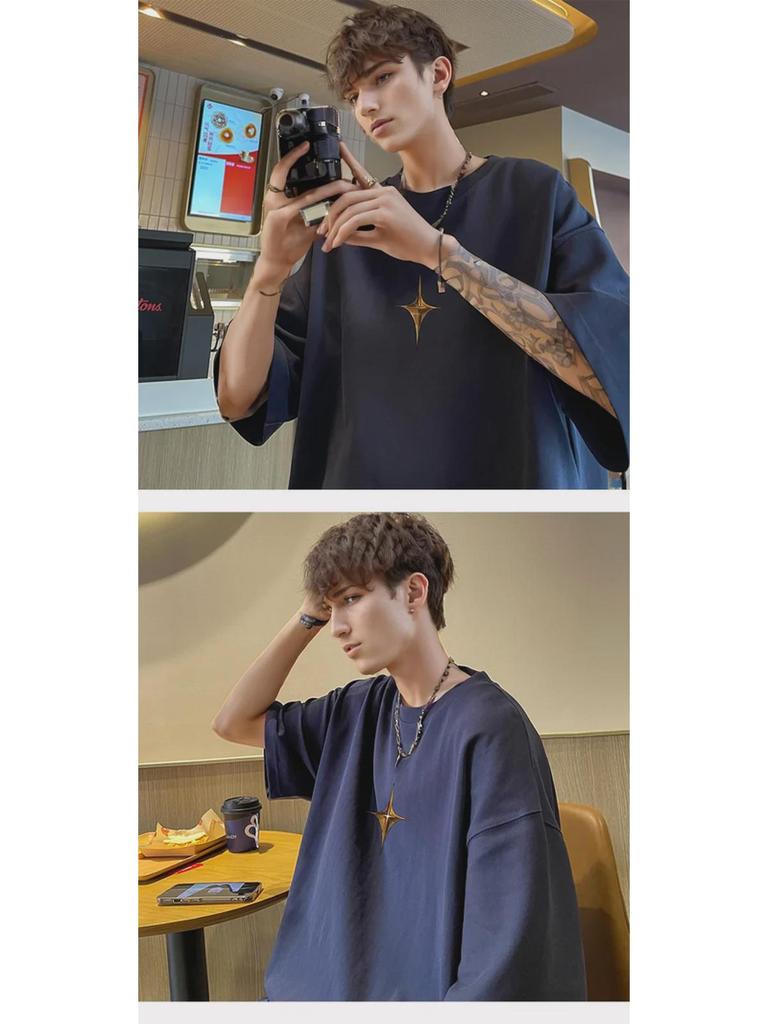 Tricou de bărbați alb cu mânecă scurtă, la modă, casual, cu croială largă, bumbac pur, stil de vară high street.