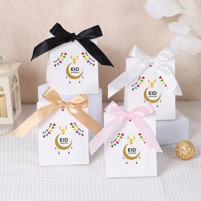 Square Eid Mubarak Candy Boxes Glitter Gold Ribbon Gift Box Kids Favors Ramadan Party Snack Packaging Paper Boxes