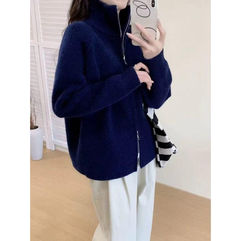 New Simple Temperament Stand-up Collar Double Zipper Knitted Cardigan Women's Shoulder-plugged Reverse Cover Long-sleeved Thick Coat
