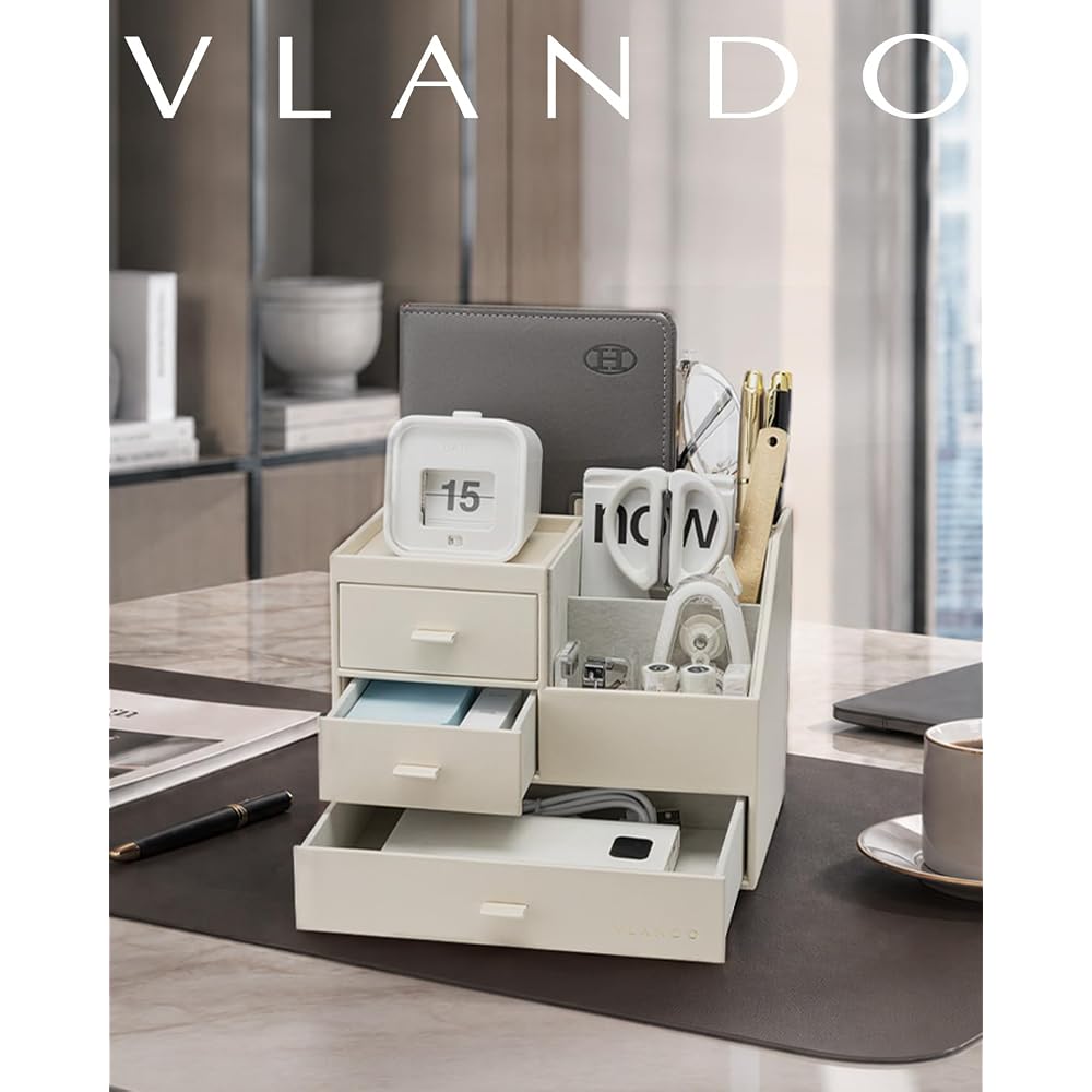VLANDO Desk Organizer, PVC Leather, Three Drawers, Small Item Storage, Cosmetic Storage, Office,