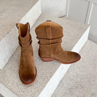 Modne kowbojki damskie zamszowe modne skórzane podszewki okrągły nosek damskie uliczne szyte buty khaki brązowe botki na 5 cm klockowym obcasie