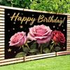 2D Pink Red Rose Happy Birthday Backdrop Black Gold Star Party Background