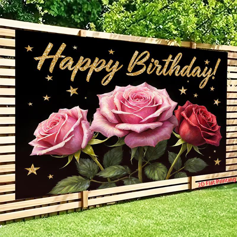 2D Pink Red Rose Happy Birthday Backdrop Black Gold Star Party Background