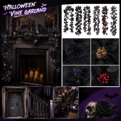 Artificial Black Rose Leaf Garland 175cm Faux Flower Vine Wall Hanging Decoration for Halloween Party Home Indoor Outdoor Use