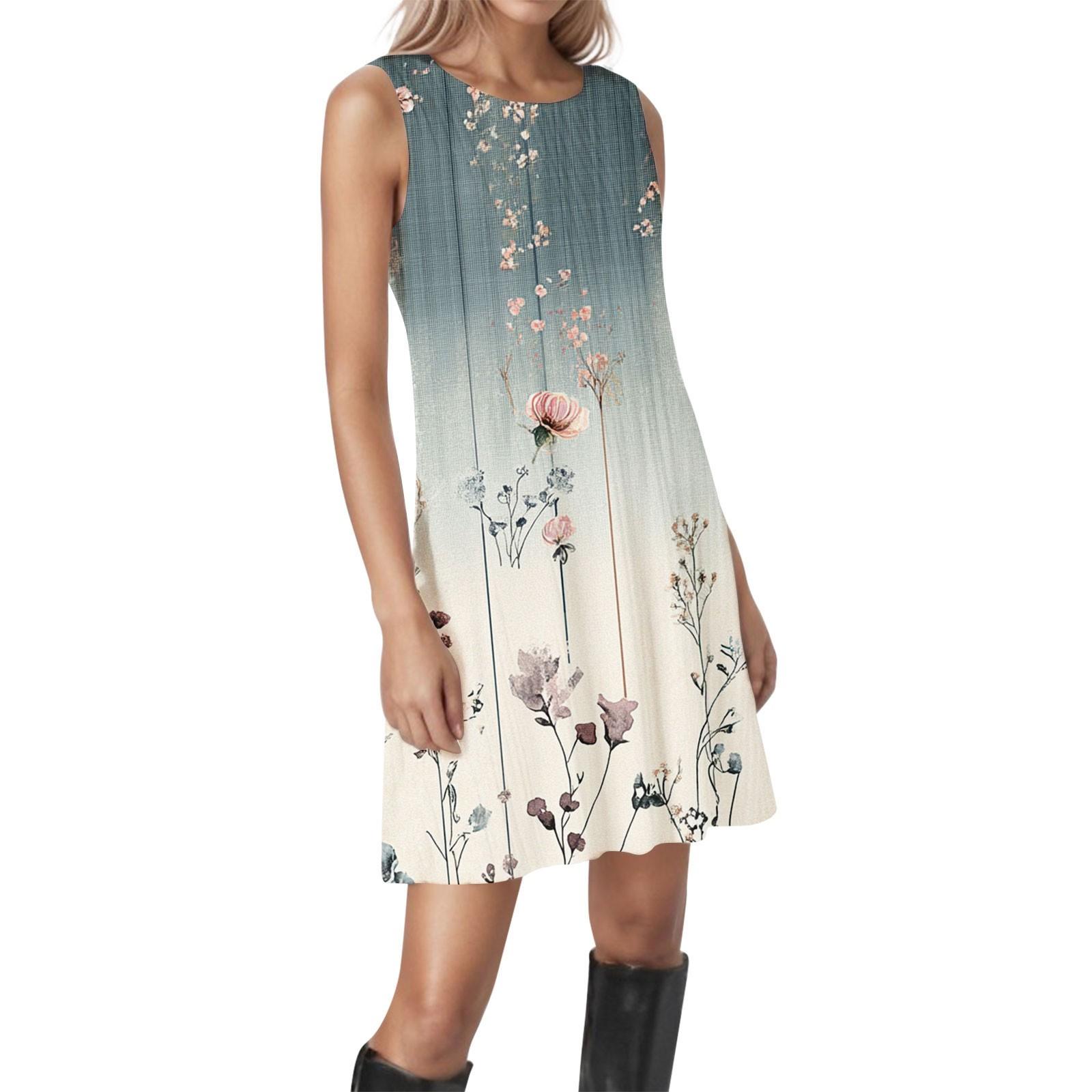 

Женские винтажные цветочные повседневные платья без рукавов с круглым вырезом и текстурой XXL тёмно-синий