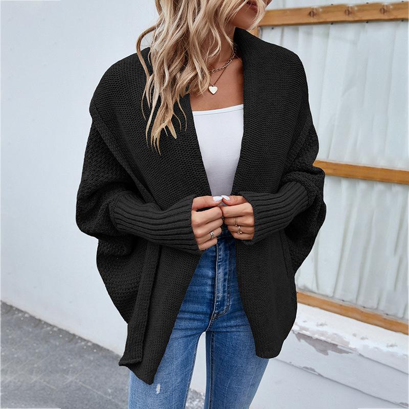 Autumn Winter Vintage Loose Long Sleeve Top Solid Color Cardigan Knitwear V-Neck Sweater