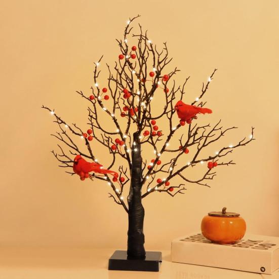 LED Vintage Glowing Tree with Cardinals Battery Operated Twinkle Trees Lamp with Lighted Branches Festive Holiday Party Lighting Halloween Christmas