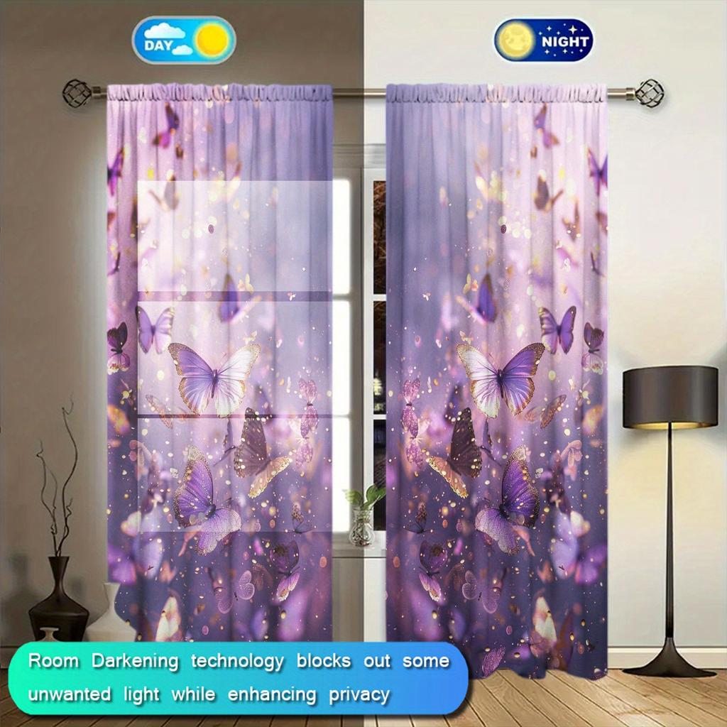 2pcs Purple Butterfly Printed Curtain for Home Decor - Rod Pocket Window Treatment for Bedroom   Office   Kitchen and  Living Room