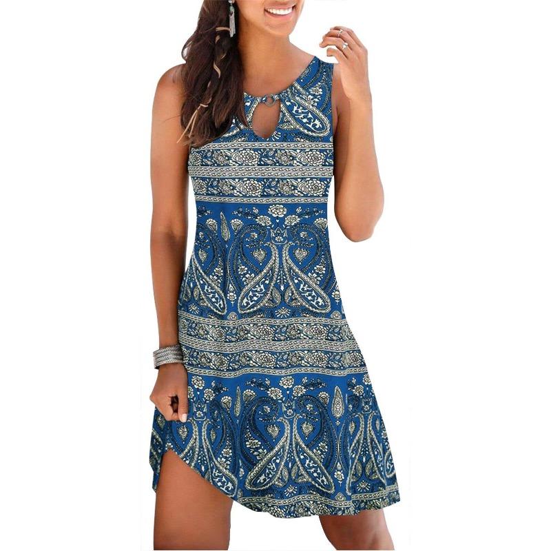 Spring Casual Style Japan and South Korea Casual Women's Printed Round Neck Big Swing Dress