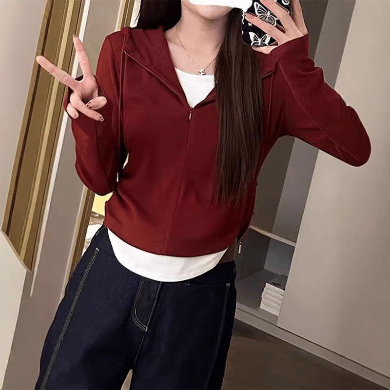 

Women s 2025 Plus Size Slimming Hooded Long Sleeve Faux Two-Piece Top M