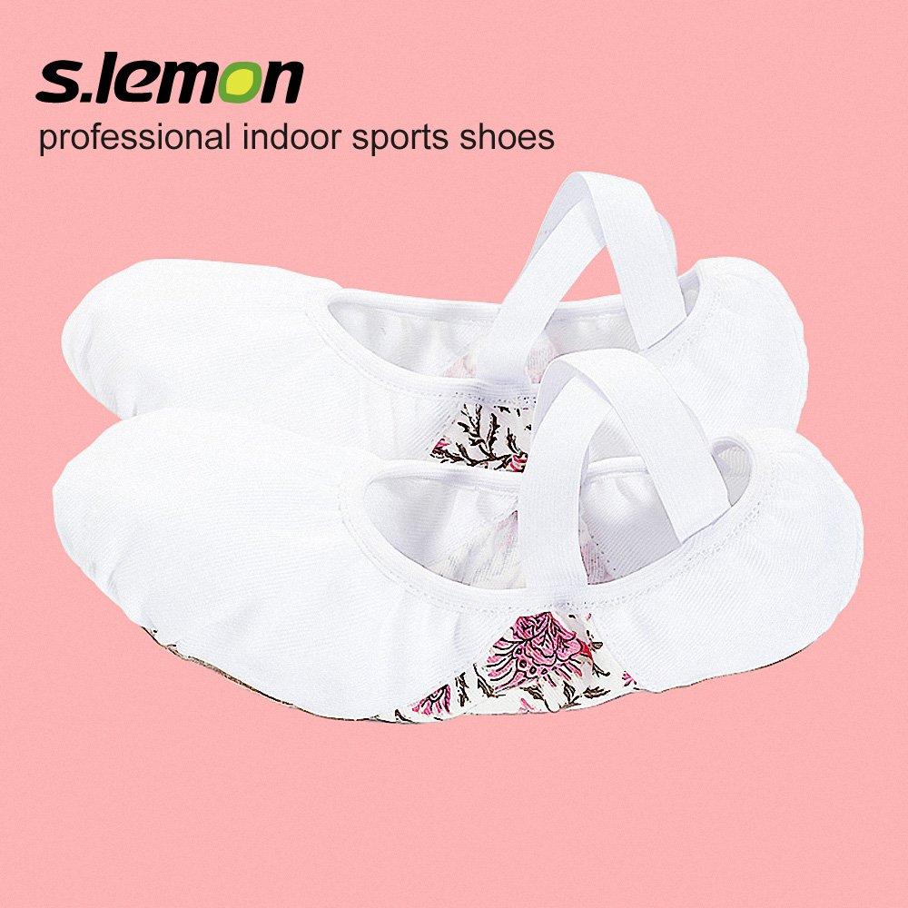 [s.lemon] White Elastic Canvas Dance Shoes Ballet Shoes Yoga Shoes Gym Shoes White Floral, 36EU