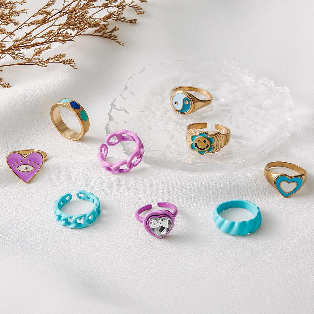 Personalized Color Oil Drop Ring, Fashionable And Colorful Sunflower Smiley Face, Love Diamond-Set Simple Ring