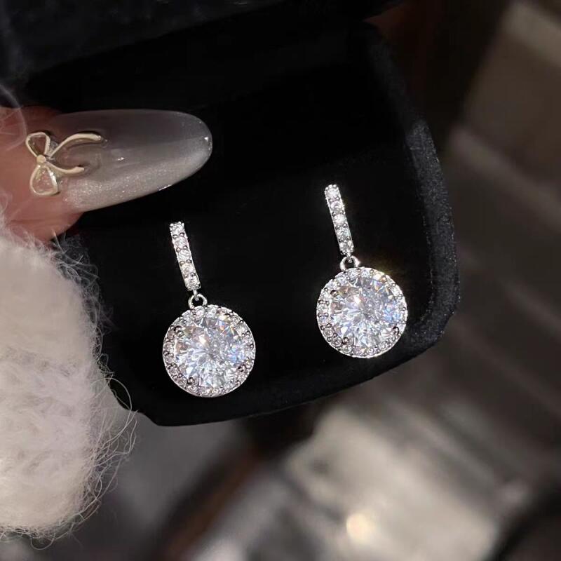 Light Luxury Round Zircon Drop Earrings for Women Ladies Fashion Temperament Silver Color Dangle Earrings Wedding Jewelry Gifts