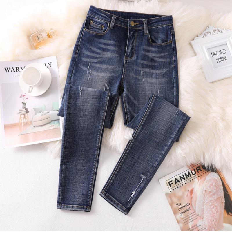 Dimanaf 2025 Plus Size Women Spring Jeans Solid Pants Ripped Denim Female Elastic Basic Blue High Waist Trousers Oversize Fashion Pants 4XL 5XL