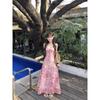 Kumikumi Holiday Style Pink Floral Sling Dress Women Summer Age-Reducing Chic Slim Fit Slimming Long Skirt
