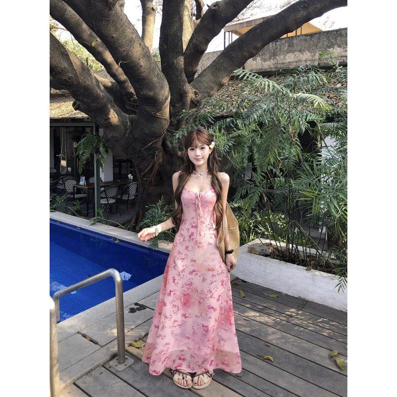 Kumikumi Holiday Style Pink Floral Sling Dress Women Summer Age-Reducing Chic Slim Fit Slimming Long Skirt