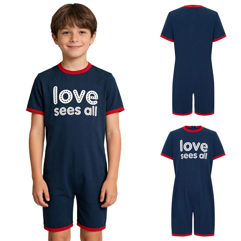 Mono Adaptativo para Niños con Necesidades Especiales Antidesgarro Trasero Cremallera Invisible Manga Corta Estampado de Letras Ribete de Contraste Mono para Niños Niñas