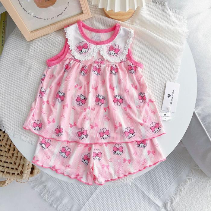 Girls Summer Ice Silk Sleeveless Vest and Shorts Set with Cute Peter Pan Collar