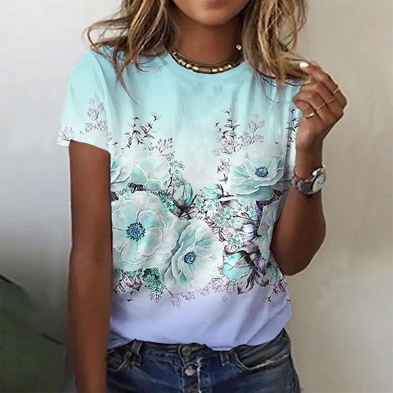 Women Summer T Shirt Trend Flower Print Retro Fashion Short Sleeve Tees Casual   Printed  Tops