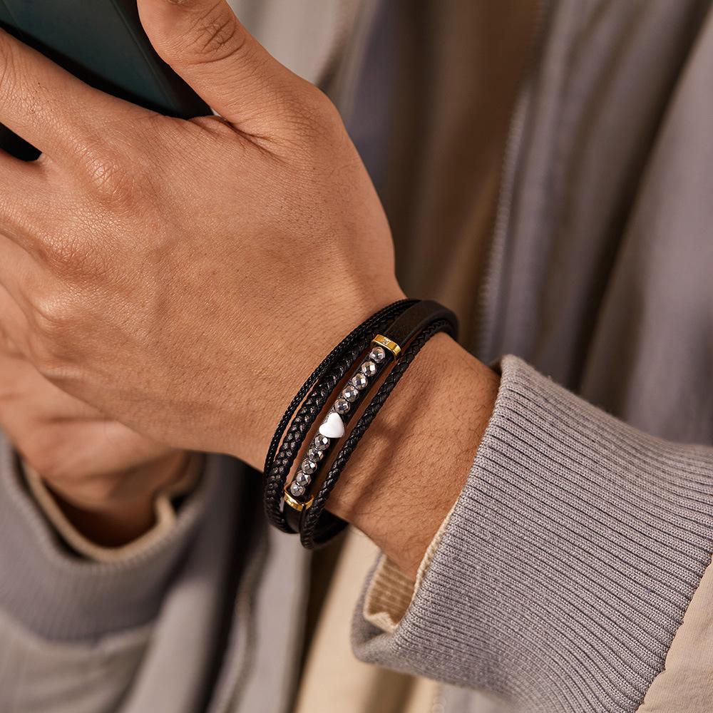 European American Style Leather Bracelet Men s Stainless Steel Multi-layer Woven Heart 3-section Magnetic Buckle