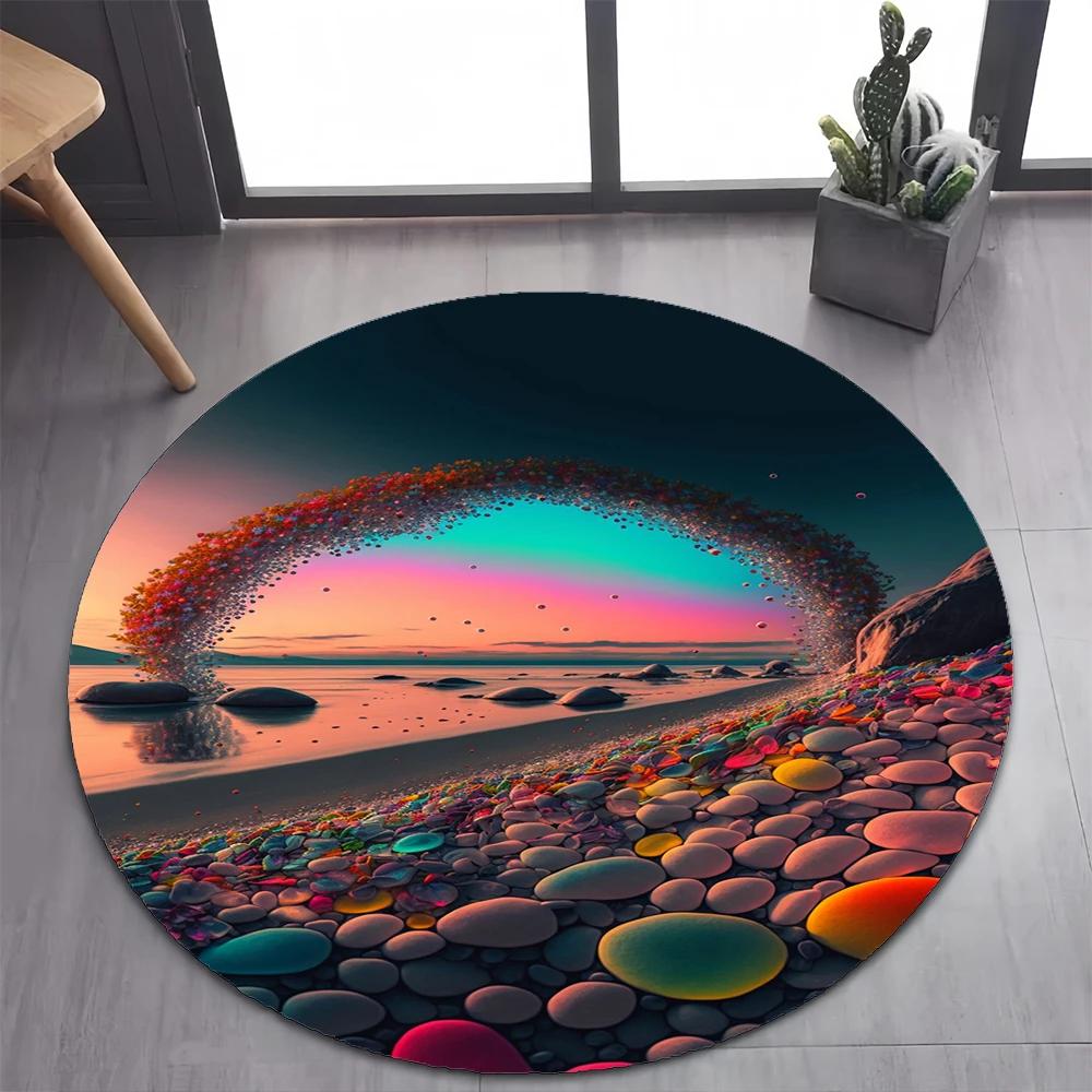 2025 New Style Colorful Rainbow Pebble Road Beach Stone Round Carpet Rug for Bedroom Living Room Decoration,pet Decor Floor Mat