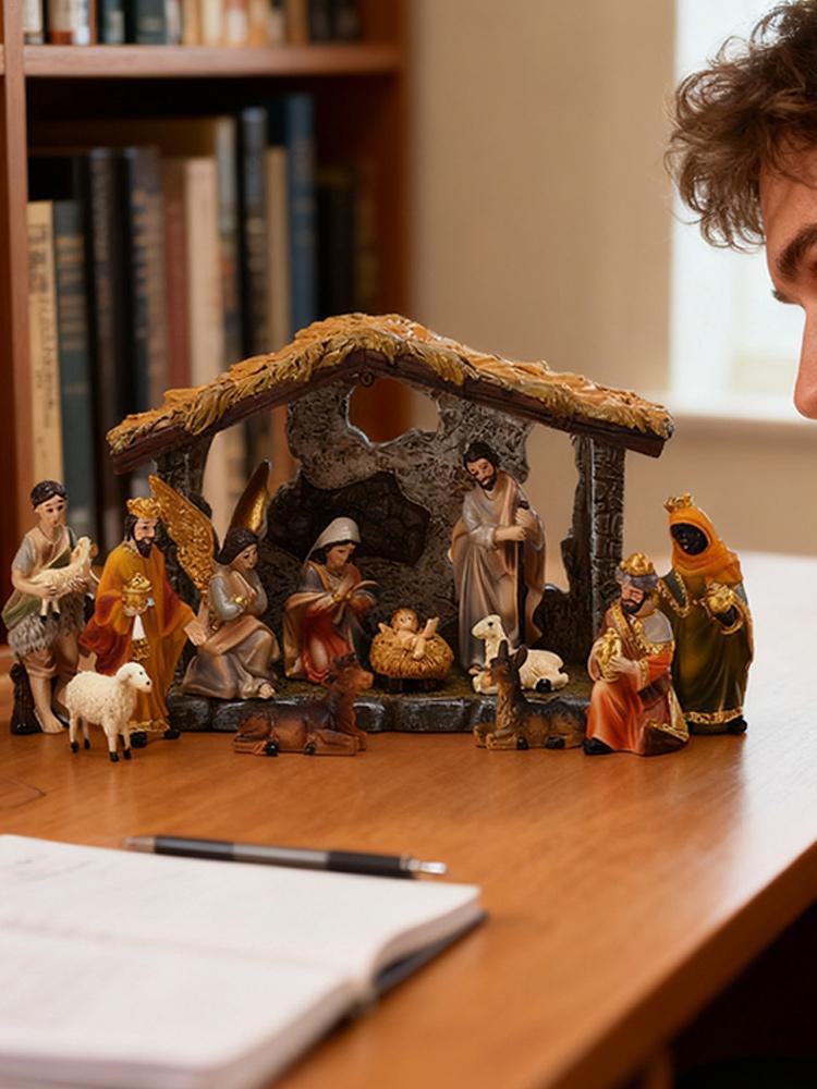 12Pcs Resin Nativity Crib Figurines Festive Nativity Figurine Christmas Manger Nativity Set Tabletop Nativity Statue Ornament