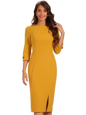Allegra K Casual Midi Dress, Solid Color, Round Neck, 3/4 Sleeves, Split, for Work, Women's, Yellow, Size M