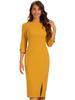 Allegra K Casual Midi Dress, Solid Color, Round Neck, 3/4 Sleeves, Split, for Work, Women's, Yellow, Size M